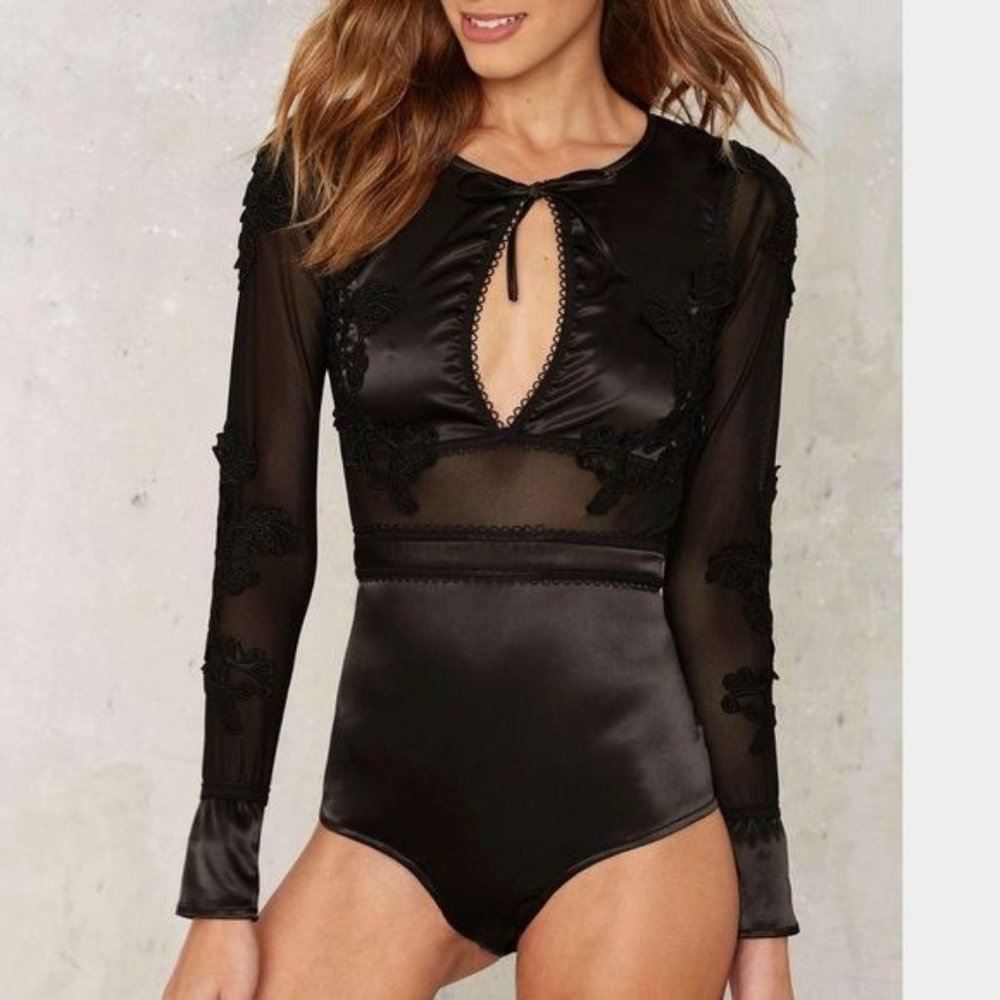 For Love and Lemons X Skivvies Soliana Bodysuit Size‎ XS Black Sexy brocade trim